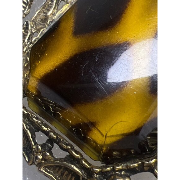 Vintage Animal Print Chunky Bracelet Lucite Brown Gold Cabochons Gold Tone  READ - Picture 9 of 11